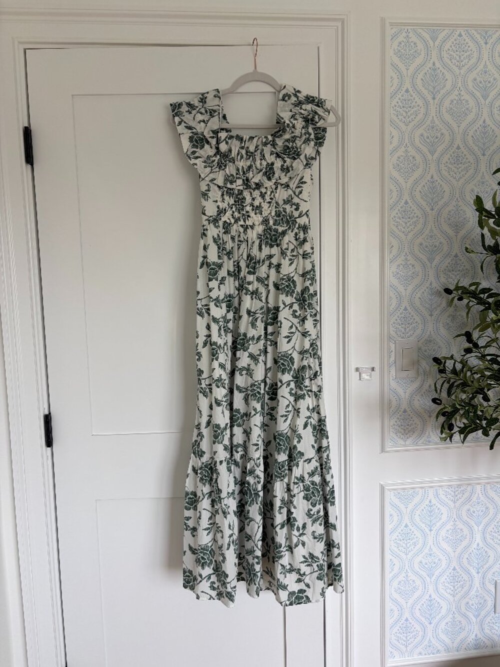 Abercrombie & Fitch White Maxi Dress with Green Floral Print